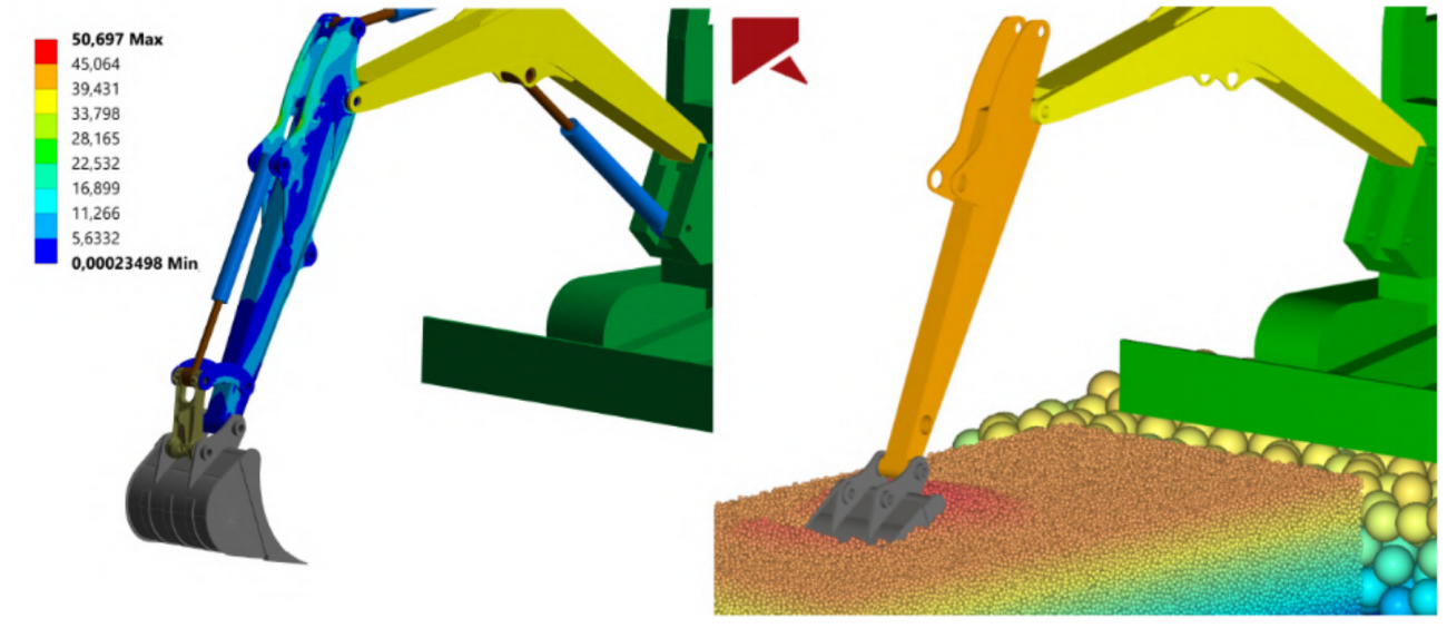 Coupled mechanical–DEM simulation represents excavator shaft stresses at any time during soil harvesting: von Mises stresses (left) and time instant (right).