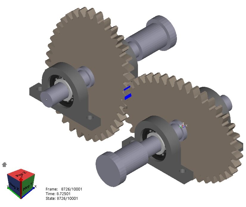 Figure 2. Simple elliptical gear system model in Ansys Motion with elastic shafts, bearings and bearing housings. Nodal contact force is displayed with blue lines.