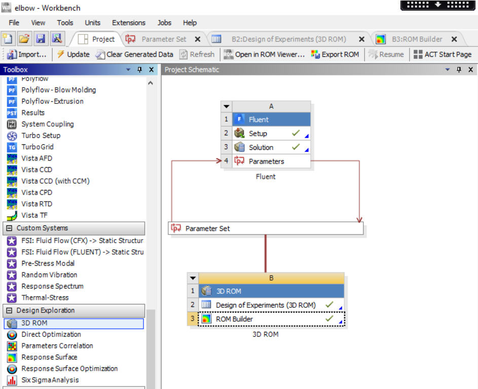Figure 1: The ROM Builder workflow in Workbench. Just drag and drop to the project and follow the prescribed workflow of defining the DOE and ROM production.