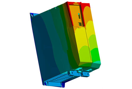 Deformation of a printed circuit board assembly and components inside a drive using ANSYS Mechanical. Red represents maximum displacement and blue represents minimum displacement.