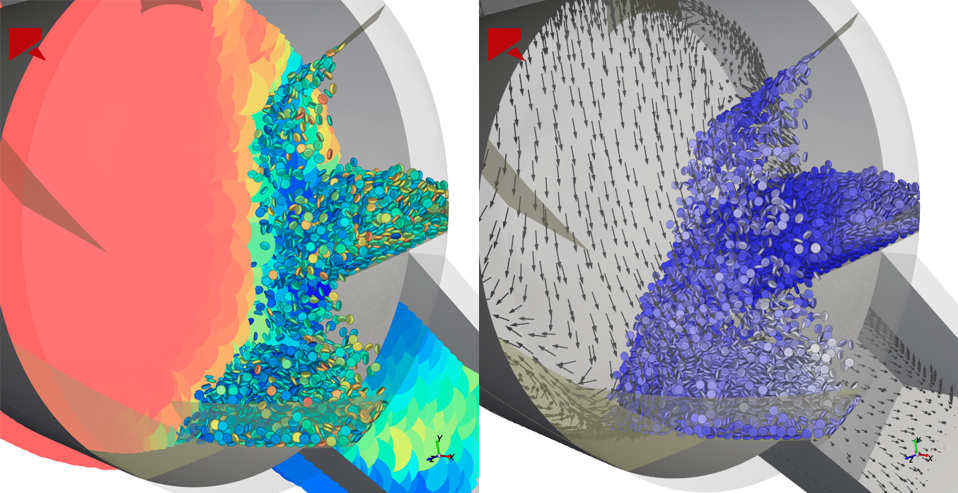 Sample snapshots of enhanced Rocky Ansys Fluent post-processing from a particle drying simulation – Fluid and particle temperature (left), Fluid flow velocity and particle drying rate (right)